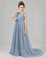 Dusty Blue Tulle A-line Girls Formal Dress Front View