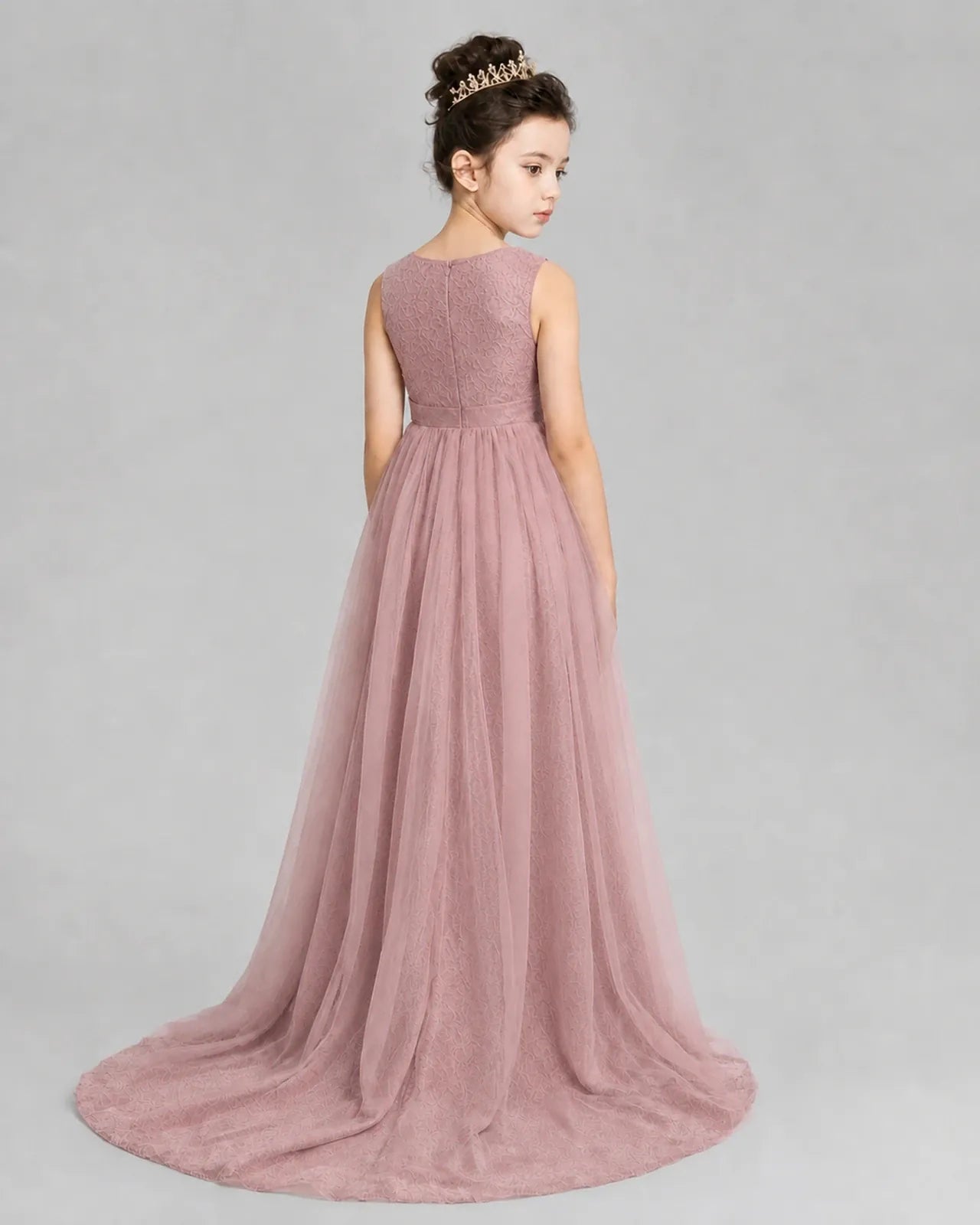 Dusty Rose Tulle A-line Girls Formal Dress Back View