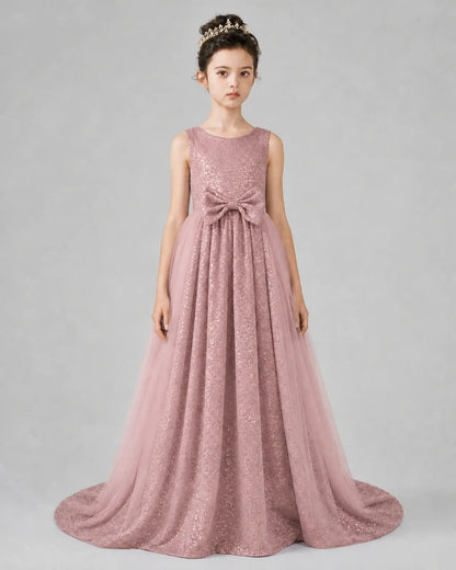 Dusty Rose Tulle A-line Girls Formal Dress Front View