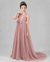 Dusty Rose Tulle A-line Girls Formal Dress Front View
