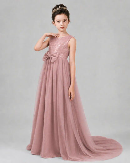 Dusty Rose Tulle A-line Girls Formal Dress Front View