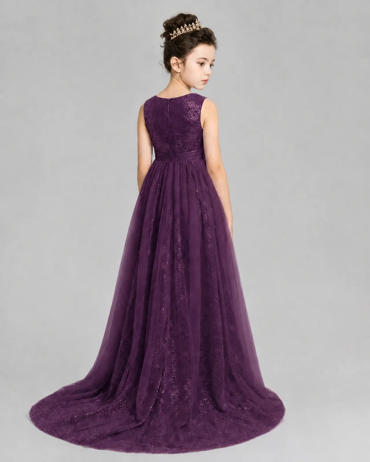 Grape Tulle A-line Girls Formal Dress Back View