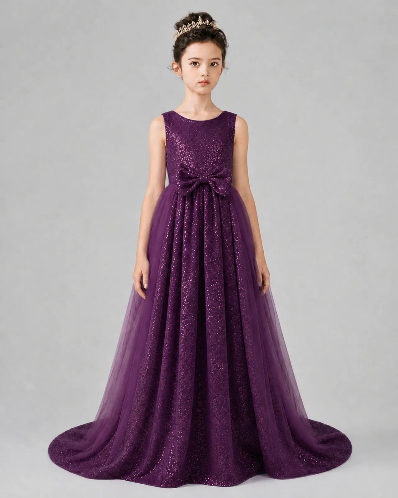 Grape Tulle A-line Girls Formal Dress Front View