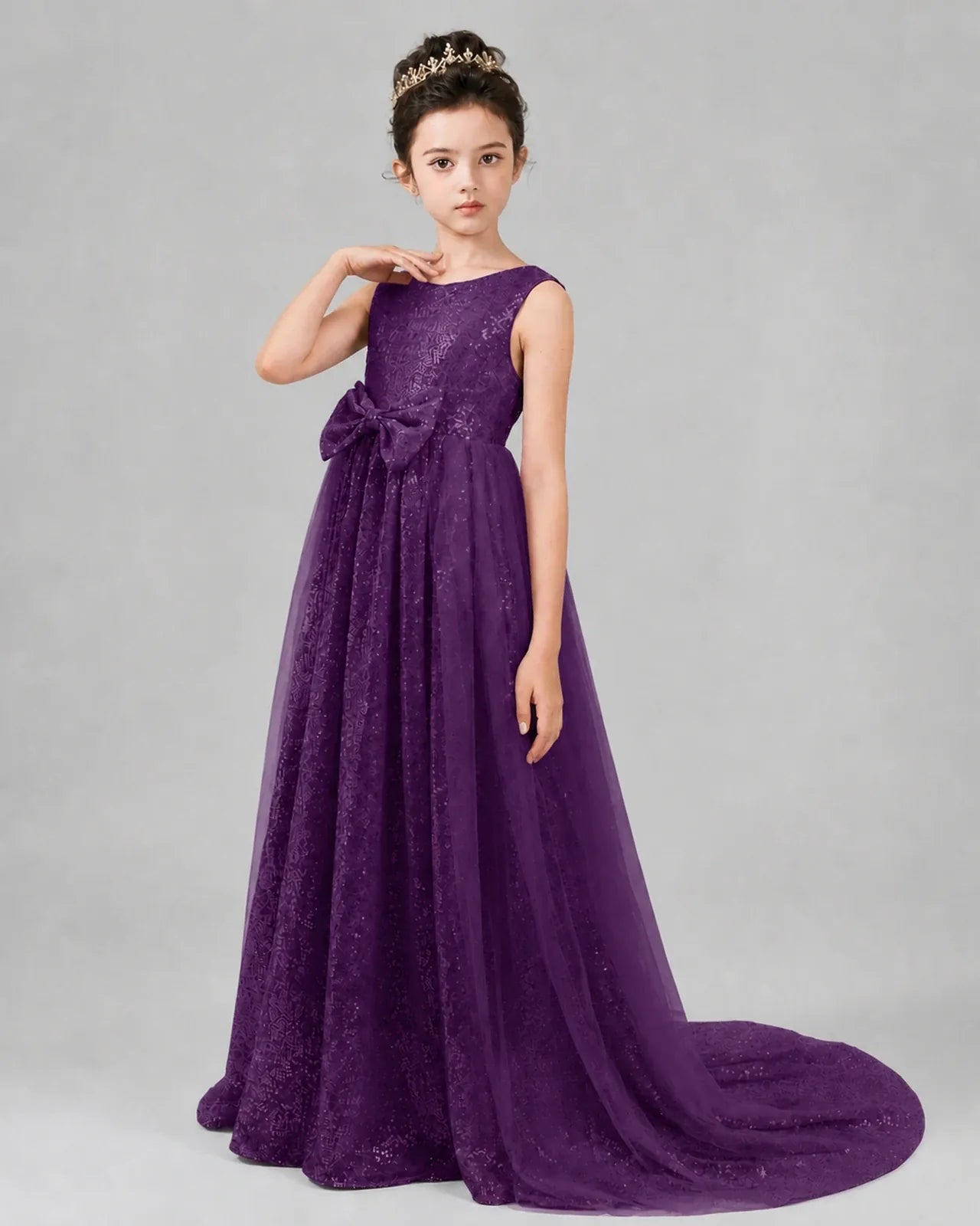 Grape Tulle A-line Girls Formal Dress Front View