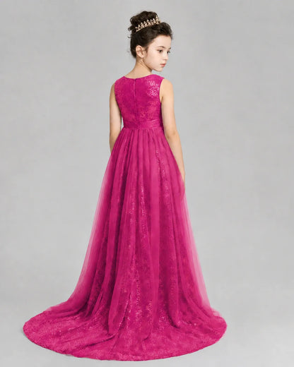 Hot Pink Tulle A-line Girls Formal Dress Back View