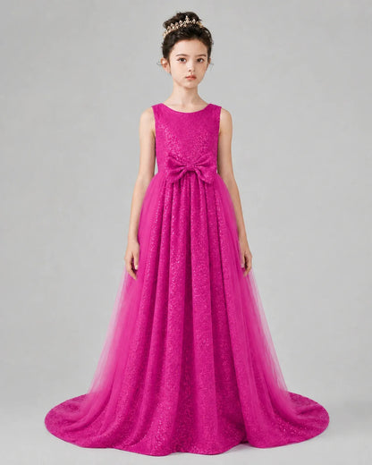 Hot Pink Tulle A-line Girls Formal Dress Front View