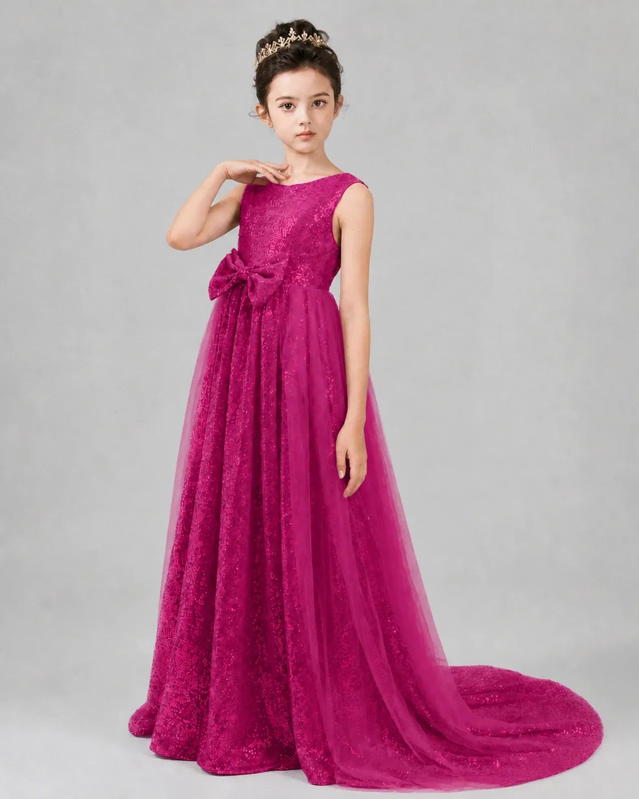 Hot Pink Tulle A-line Girls Formal Dress Front View