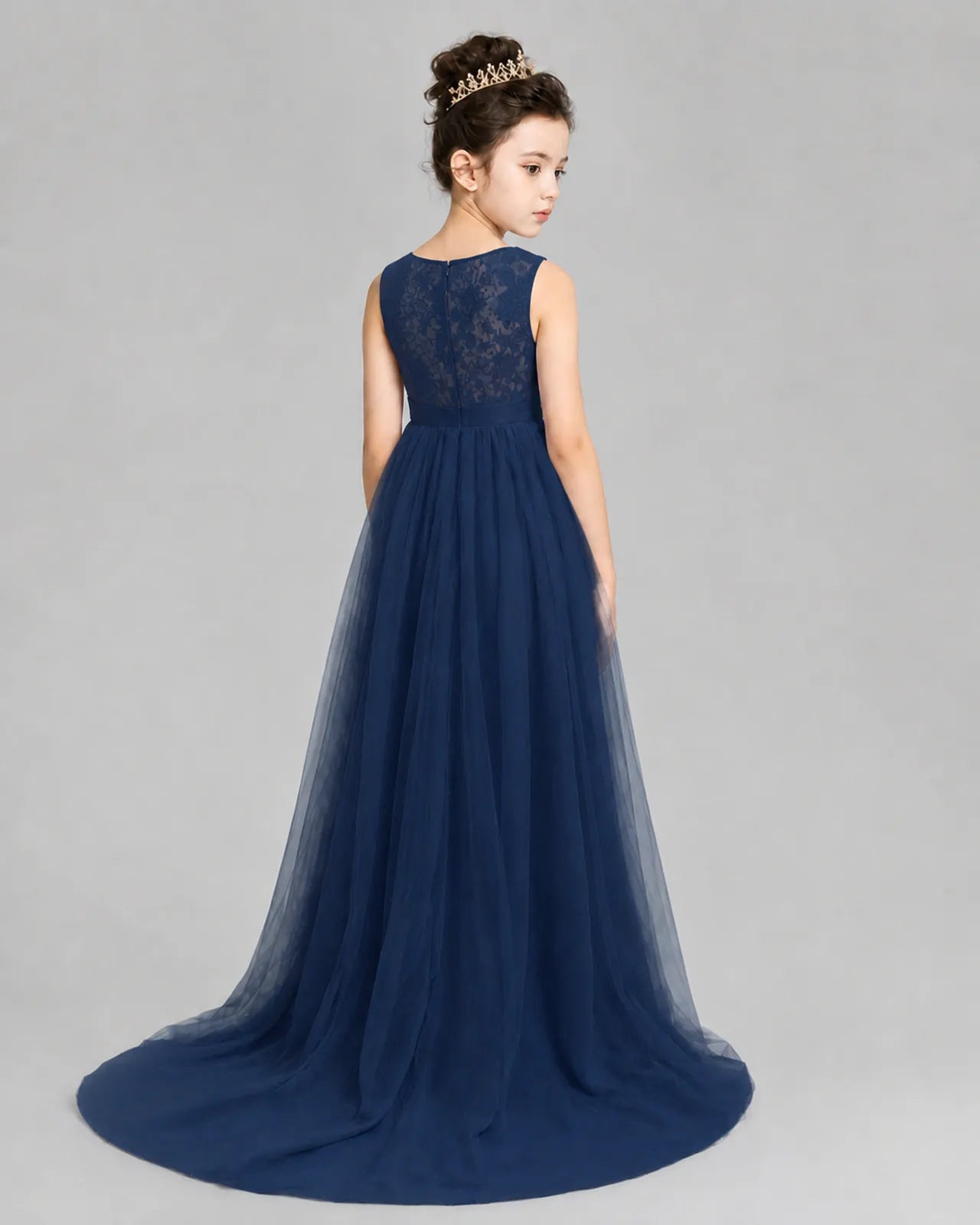 Navy Blue Tulle A-line Girls Formal Dress Back View