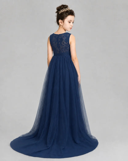 Navy Blue Tulle A-line Girls Formal Dress Back View