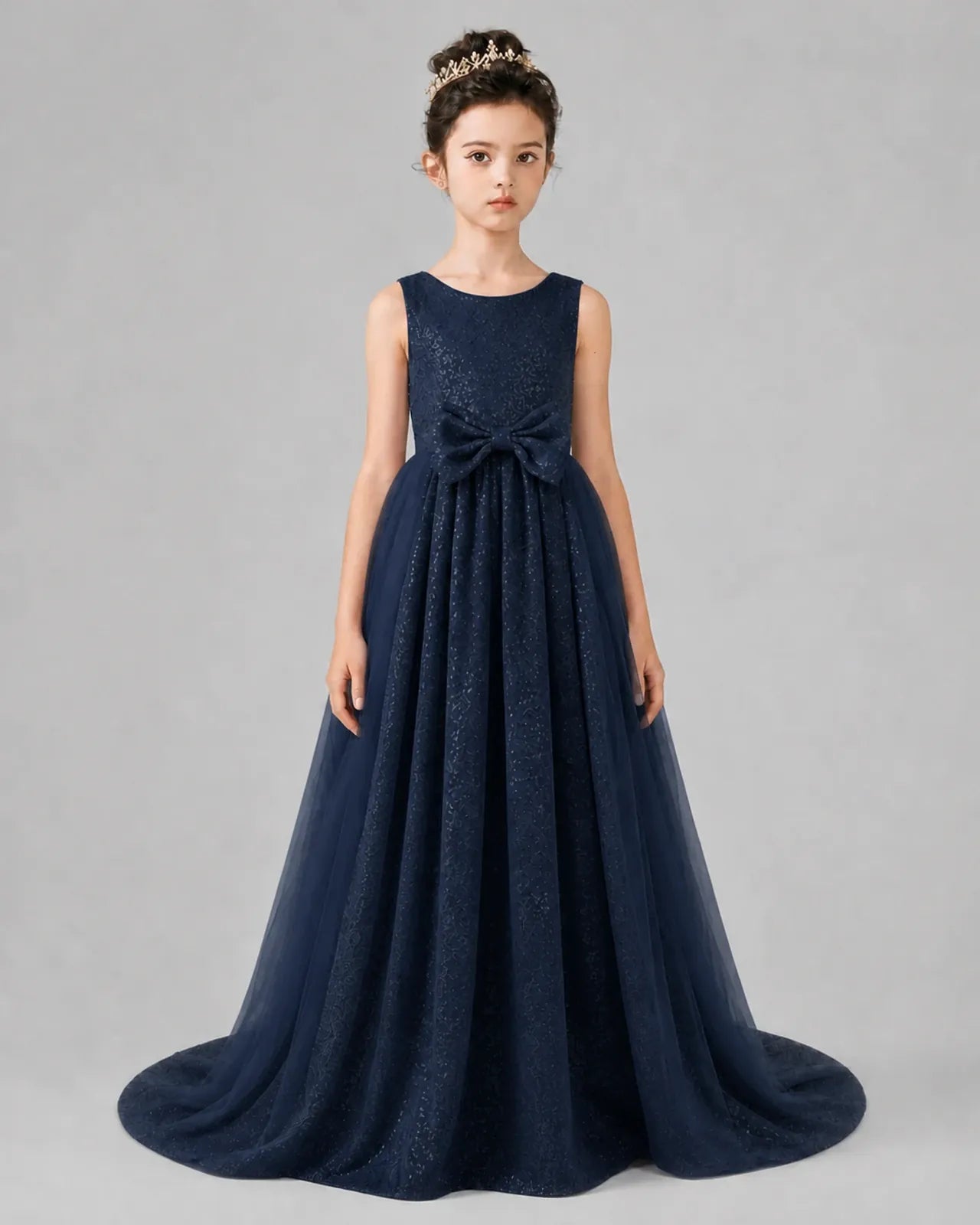 Navy Blue Tulle A-line Girls Formal Dress Front View