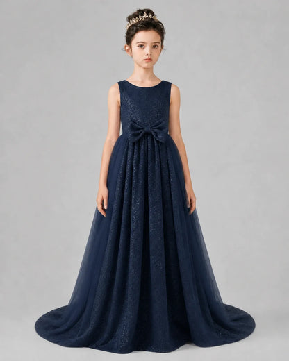 Navy Blue Tulle A-line Girls Formal Dress Front View