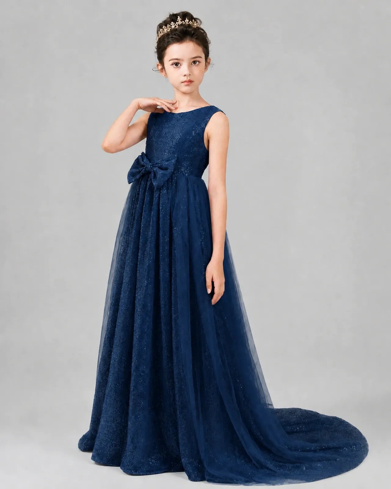 Navy Blue Tulle A-line Girls Formal Dress Front View