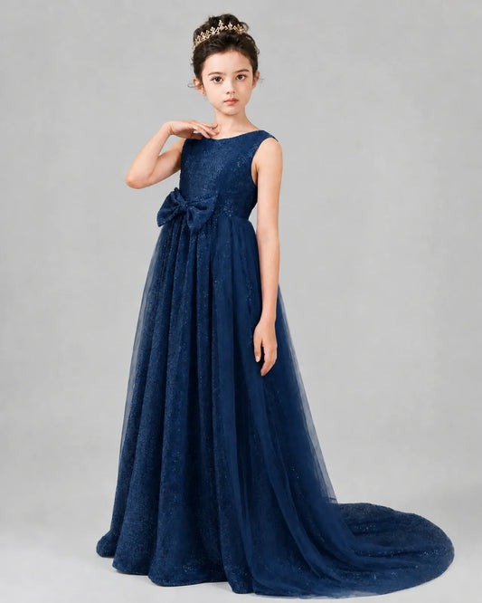 Navy Blue Tulle A-line Girls Formal Dress Front View