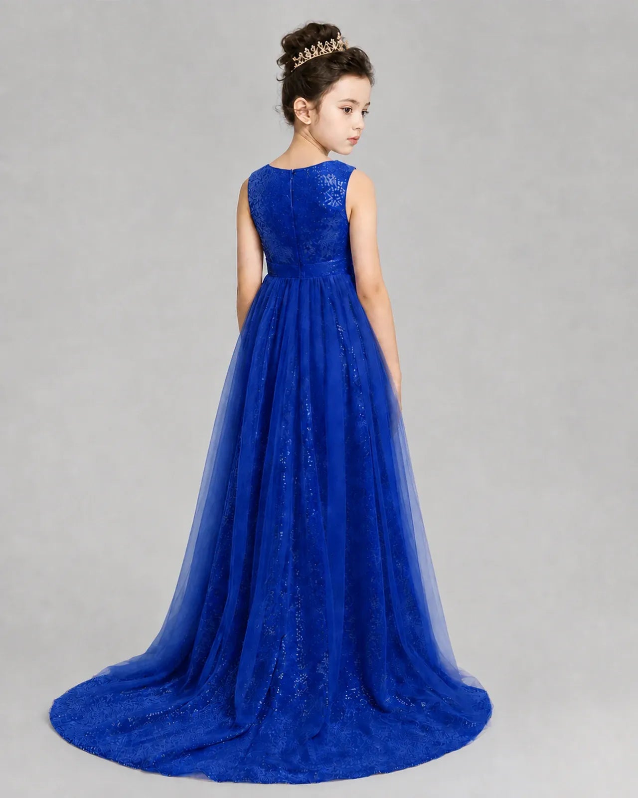 Royal Blue Tulle A-line Girls Formal Dress Back View