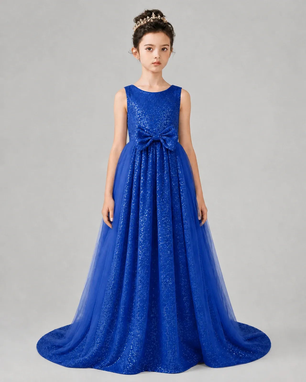 Royal Blue Tulle A-line Girls Formal Dress Front View