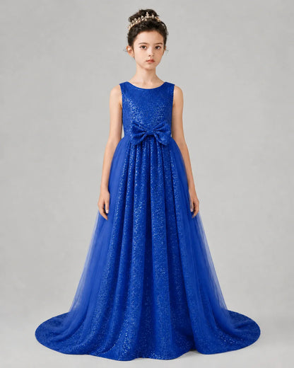 Royal Blue Tulle A-line Girls Formal Dress Front View