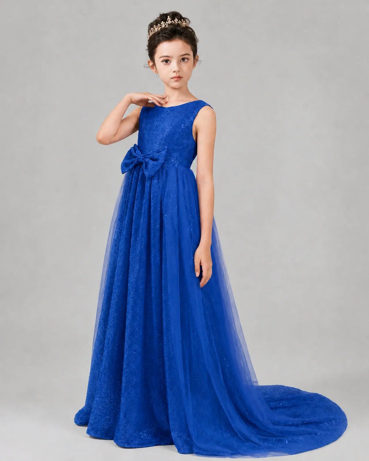 Royal Blue Tulle A-line Girls Formal Dress Front View