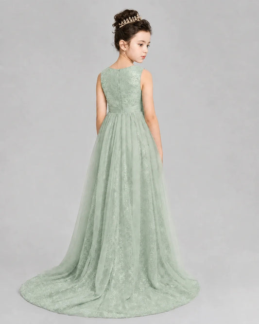 Sage Green Tulle A-line Girls Formal Dress Back View