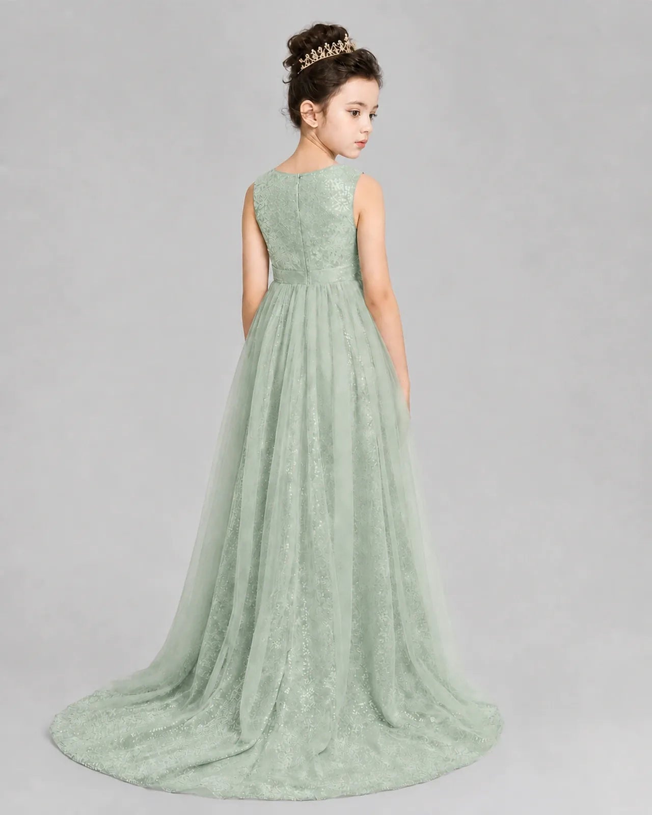 Sage Green Tulle A-line Girls Formal Dress Back View
