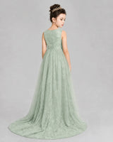 Sage Green Tulle A-line Girls Formal Dress Back View