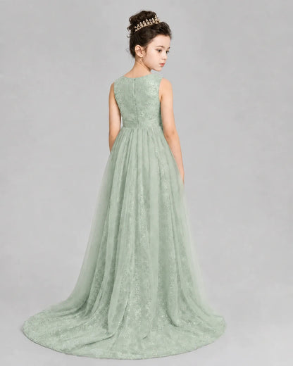 Sage Green Tulle A-line Girls Formal Dress Back View