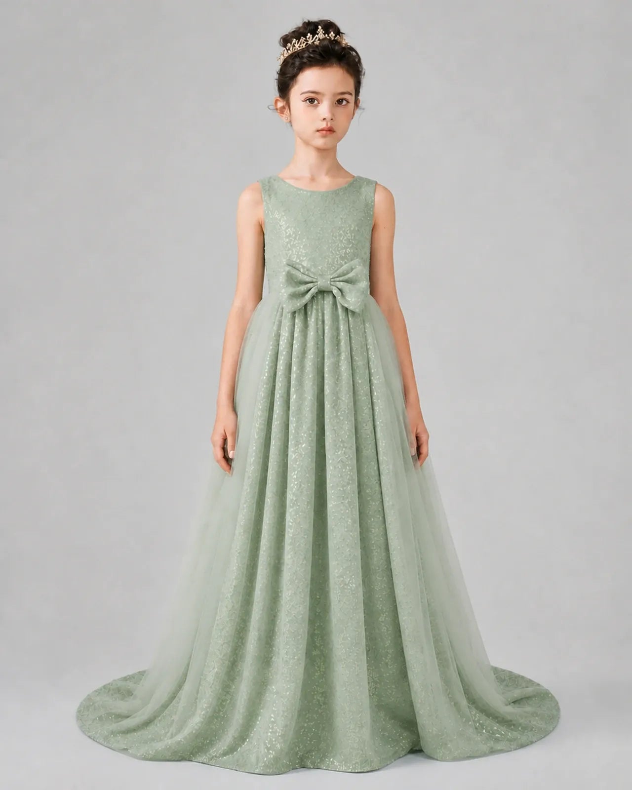 Sage Green Tulle A-line Girls Formal Dress Front View