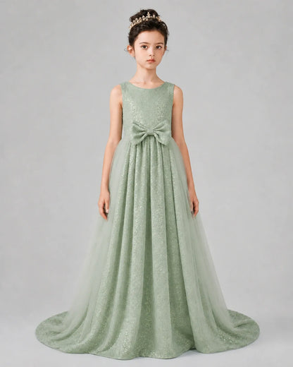 Sage Green Tulle A-line Girls Formal Dress Front View