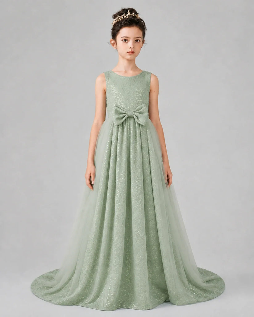 Sage Green Tulle A-line Girls Formal Dress Front View
