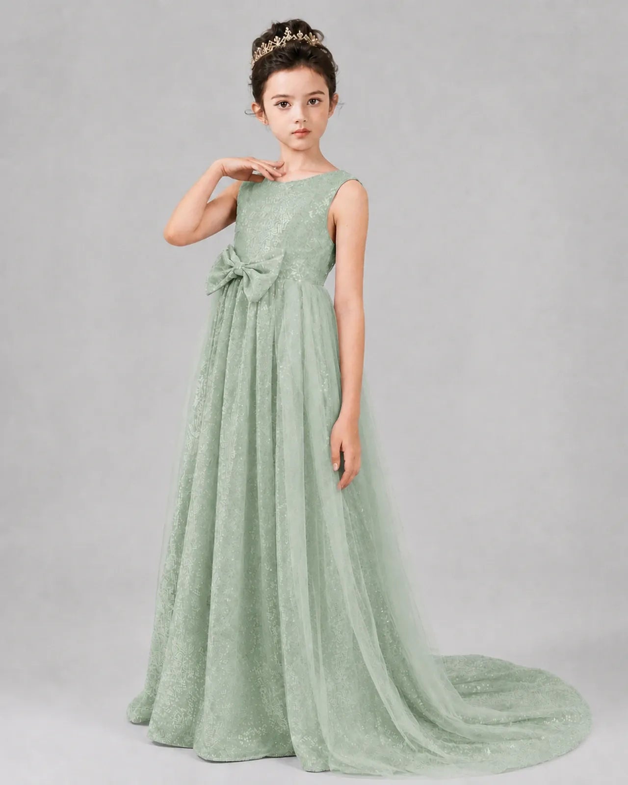 Sage Green Tulle A-line Girls Formal Dress Front View