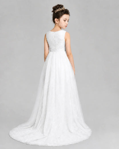 White Tulle A-line Girls Formal Dress Back View