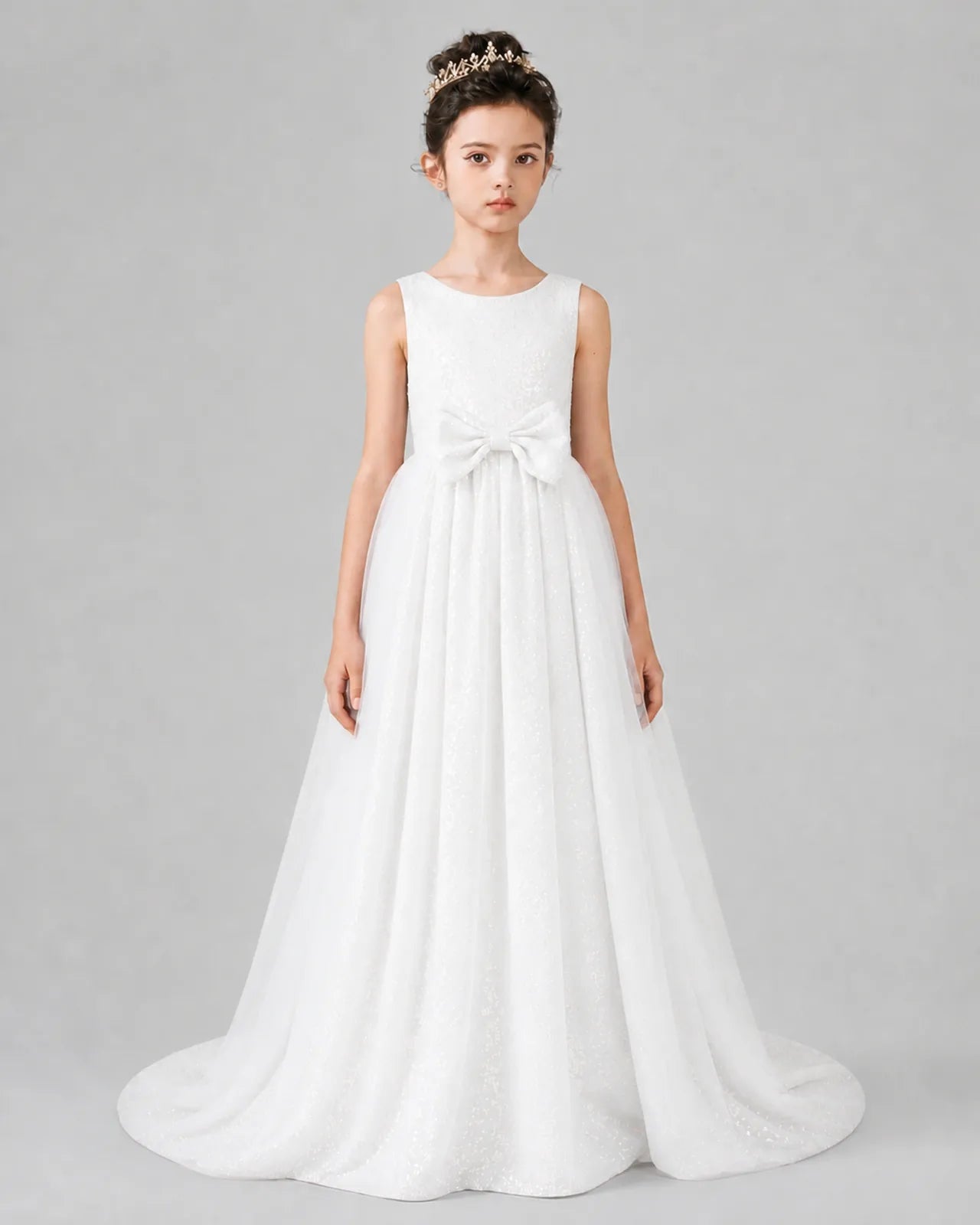 White Tulle A-line Girls Formal Dress Front View