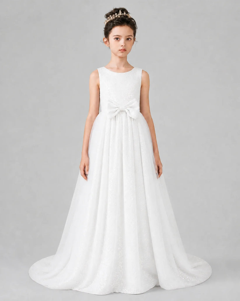 White Tulle A-line Girls Formal Dress Front View