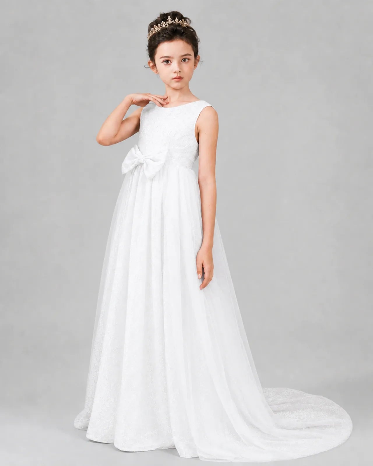 White Tulle A-line Girls Formal Dress Front View