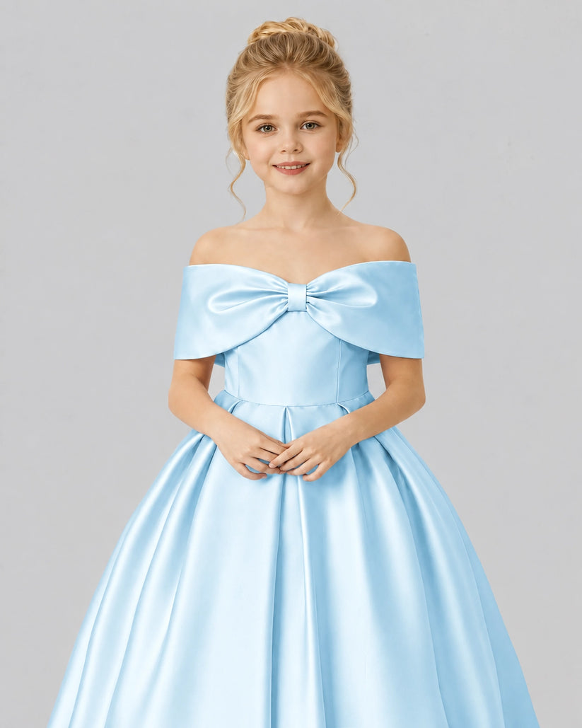Baby Blue Satin Flower Girl Dress Detail View
