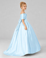 Baby Blue Satin Flower Girl Dress Side View