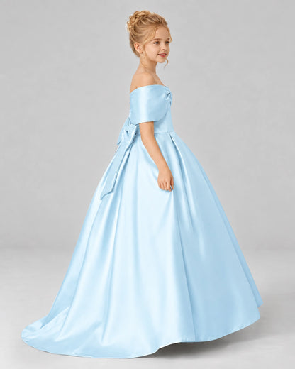 Baby Blue Satin Flower Girl Dress Side View