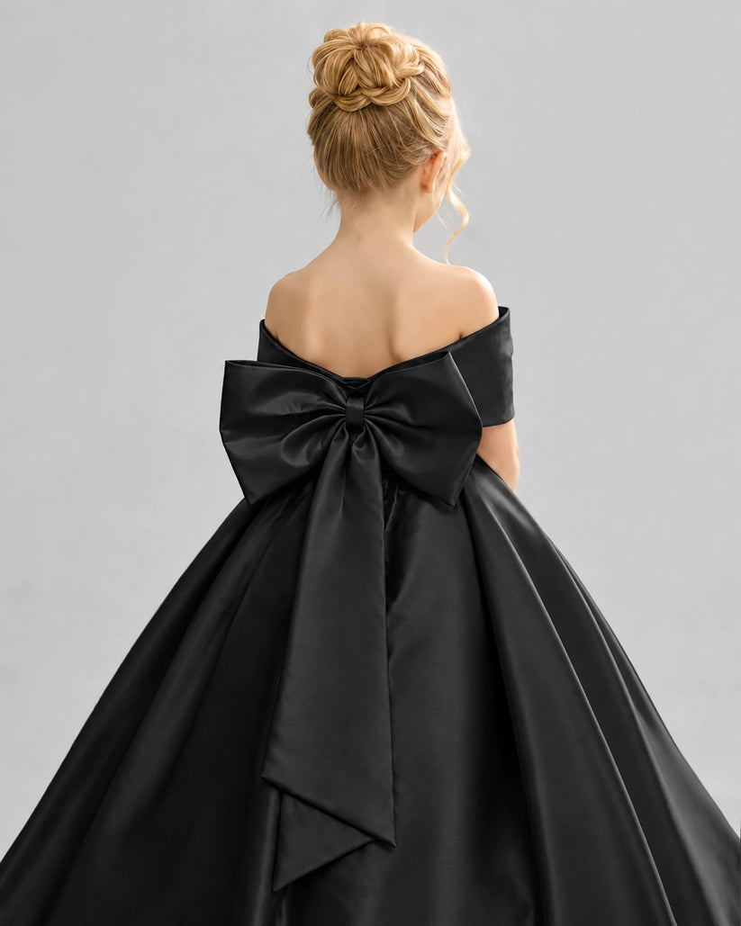 Black Satin Flower Girl Dress Back Detail View