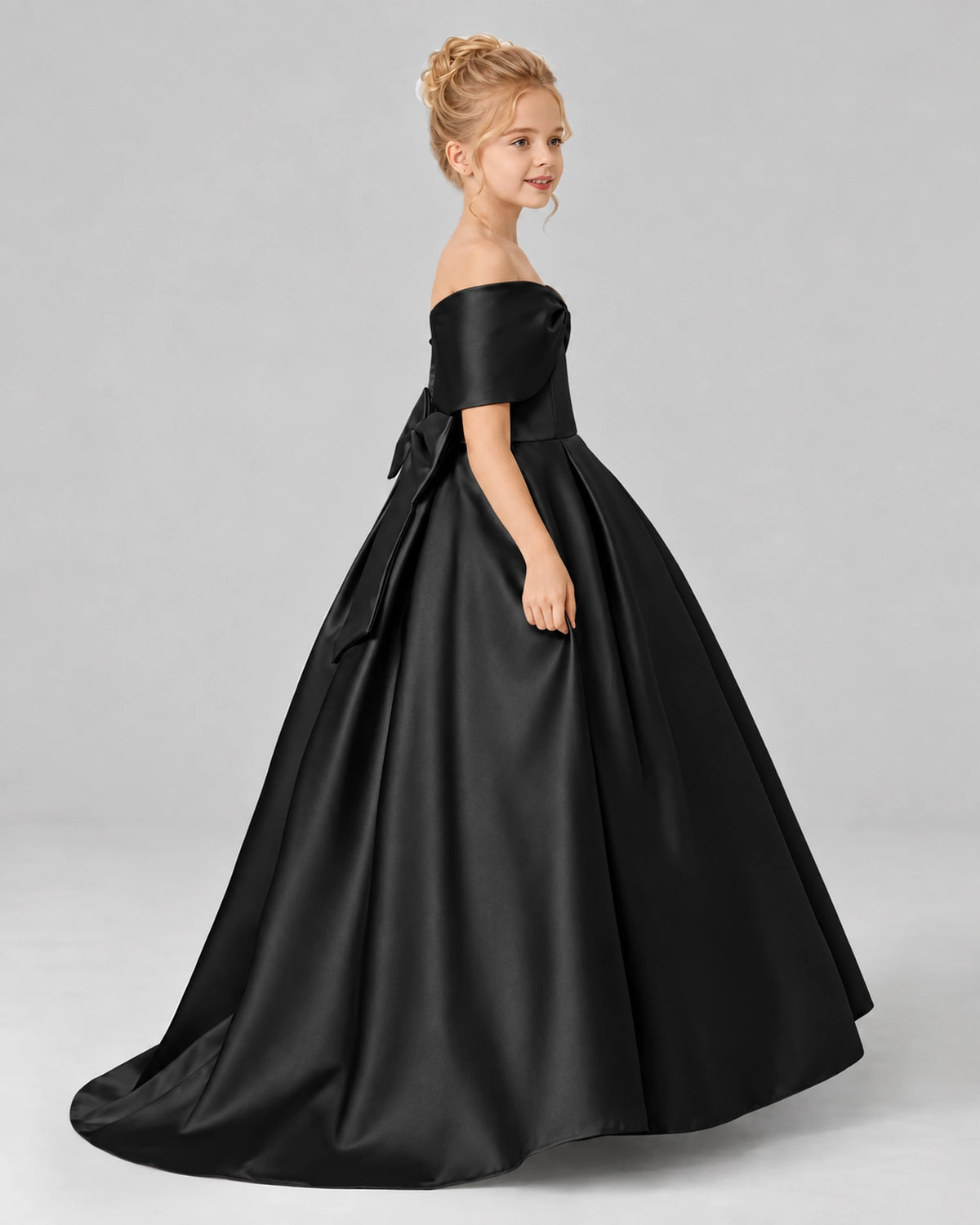Black Satin Flower Girl Dress Side View