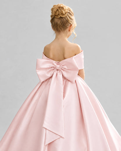 Blush Pink Satin Flower Girl Dress Back Detail View