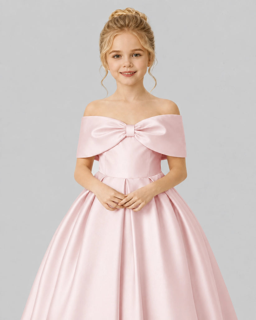 Blush Pink Satin Flower Girl Dress Detail View