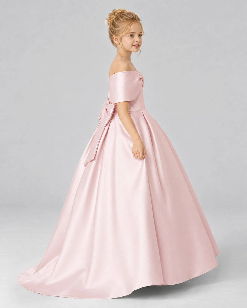 Blush Pink Satin Flower Girl Dress Side View