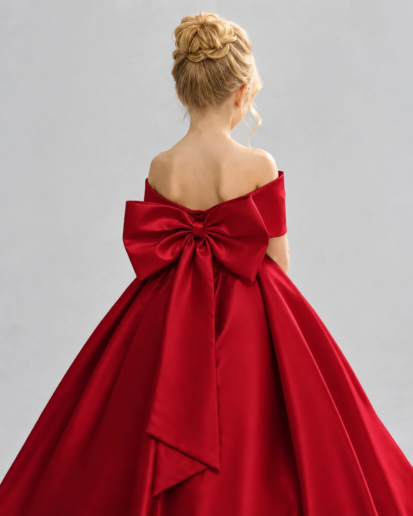 Burgundy Satin Flower Girl Dress Back Detail View