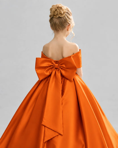 Burnt Orange Satin Flower Girl Dress Back Detail View