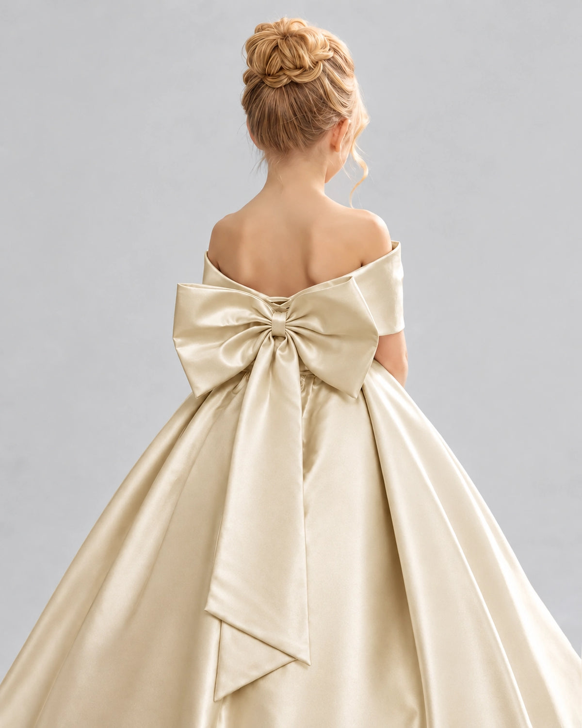 Champagne Satin Flower Girl Dress Back Detail View