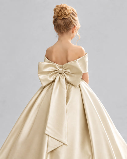 Champagne Satin Flower Girl Dress Back Detail View