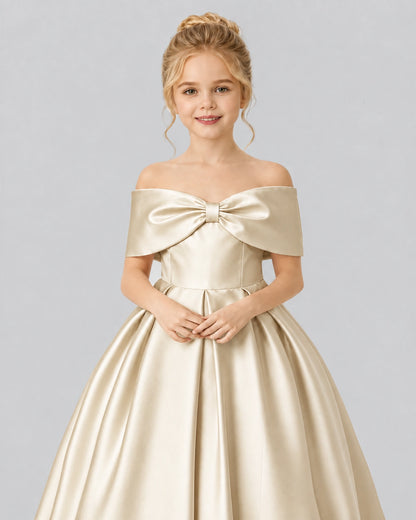 Champagne Satin Flower Girl Dress Detail View