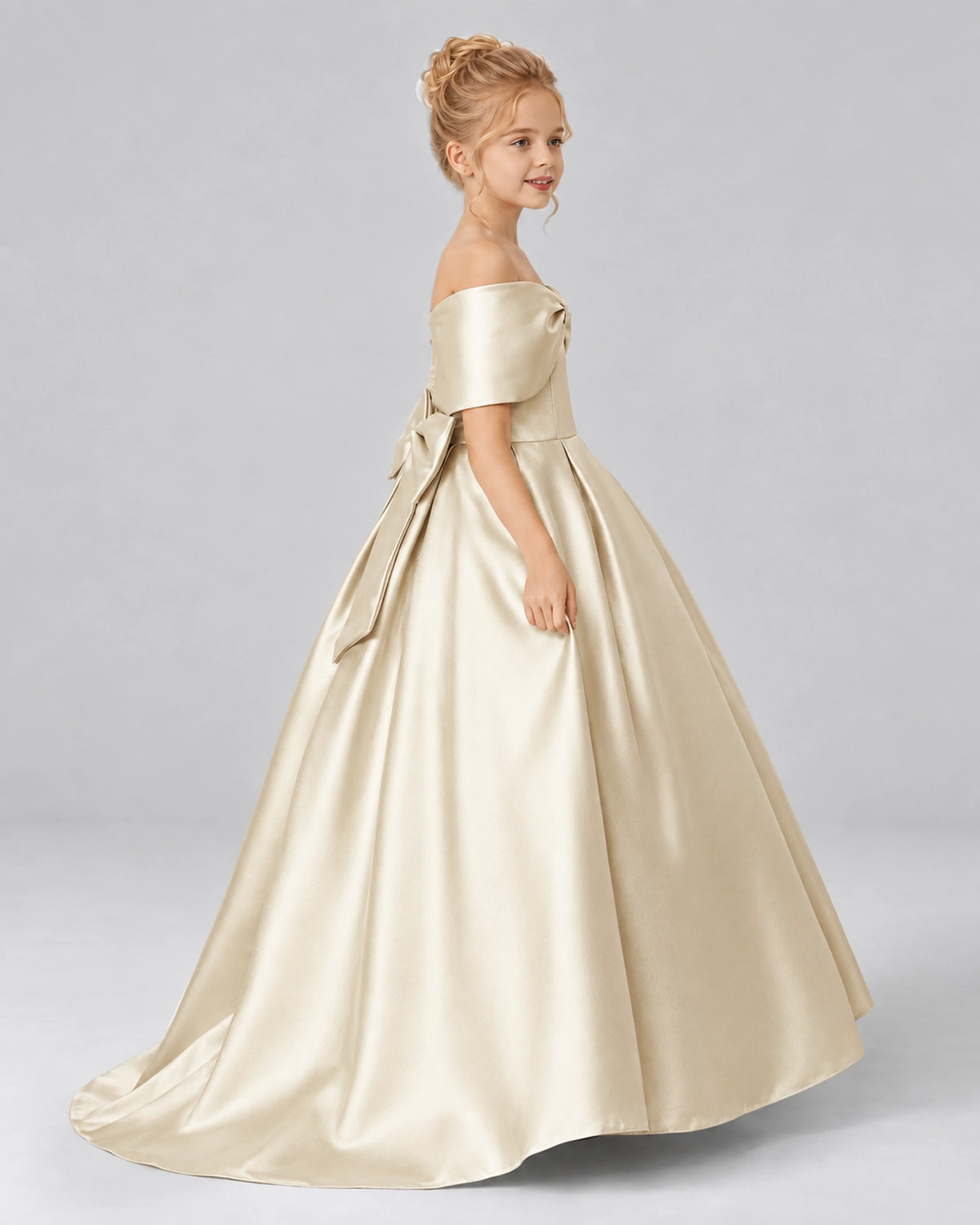 Champagne Satin Flower Girl Dress Side View