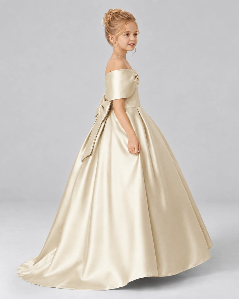 Champagne Satin Flower Girl Dress Side View