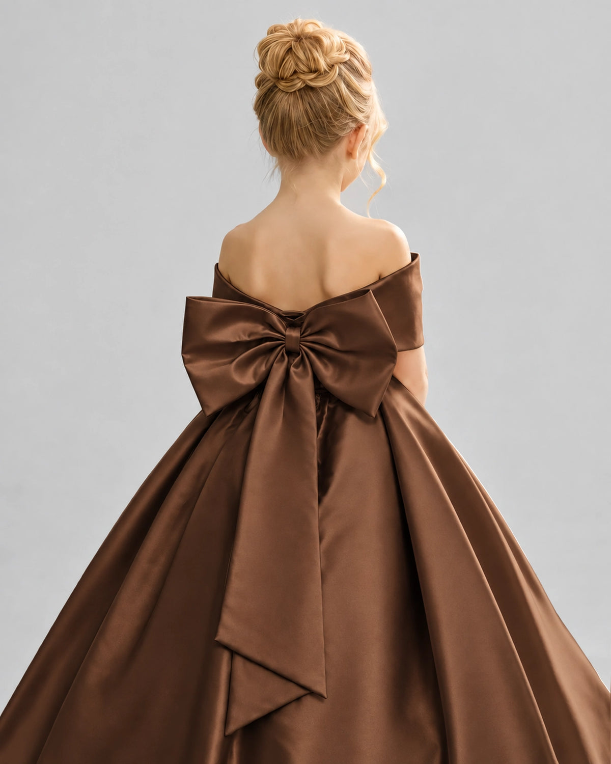 Chocolate Satin Flower Girl Dress Back Detail View