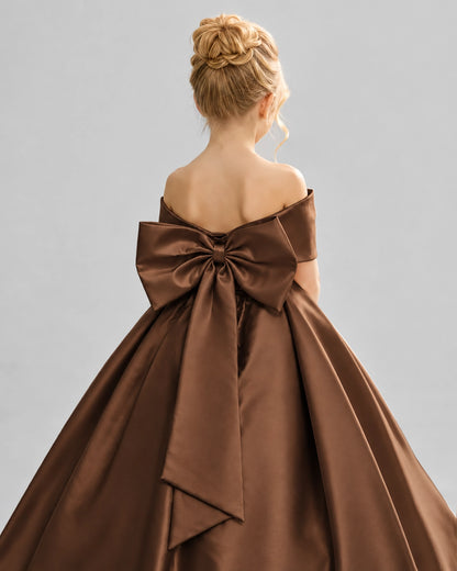 Chocolate Satin Flower Girl Dress Back Detail View